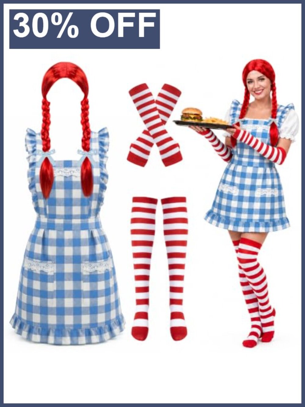 Halloween Fast Food Girl Costume 4pc Red Braid Wig Apron Gloves Socks